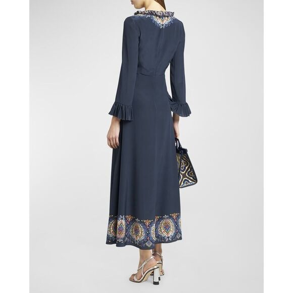 Etro Plunging Engineer Border-Print Ruffle Cady Midi Dress IT42/US6 - Picture 3 of 14